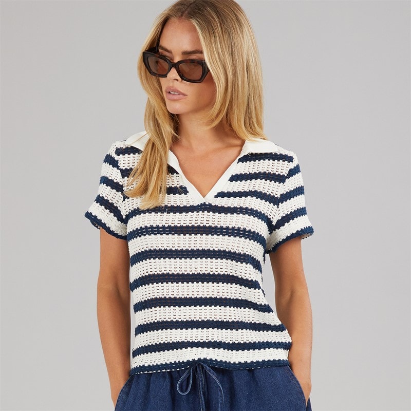 Brave Soul Womens Stripe Polo Shirt Cream/Navy - Image 3