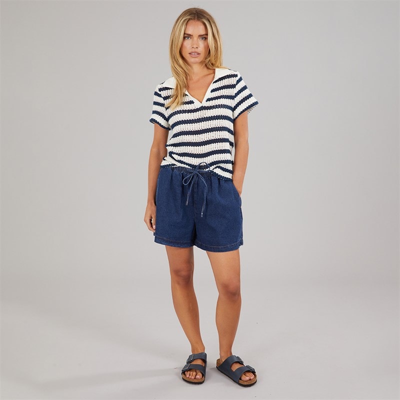 Brave Soul Womens Stripe Polo Shirt Cream/Navy - Image 4