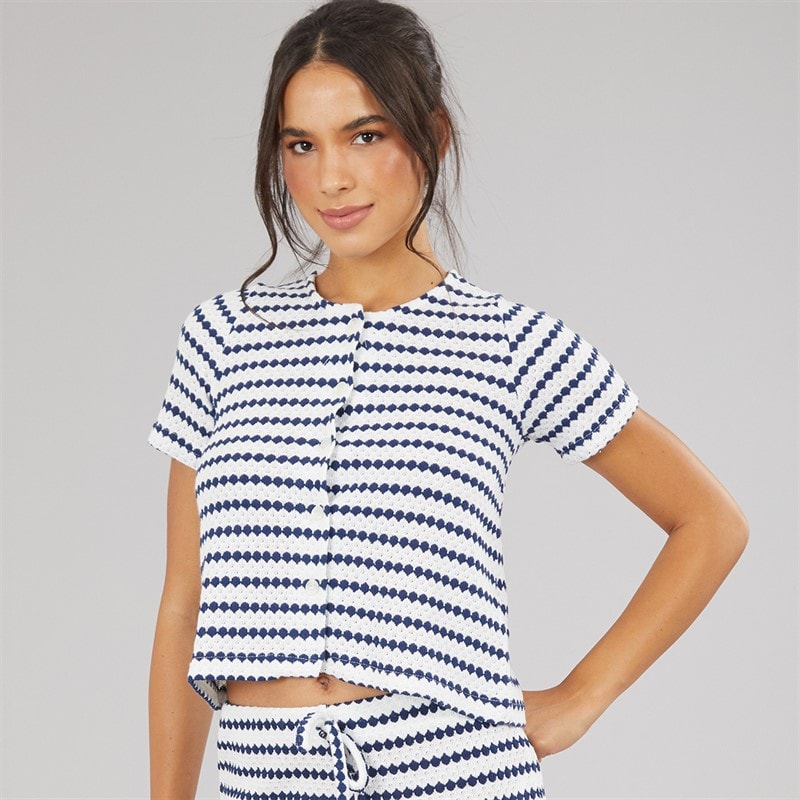 Brave Soul Womens Lynn Button Down T-Shirt Cream/Navy