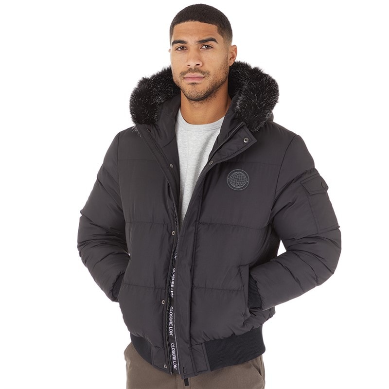 Closure London Mens Fur Hood Puffer Jacket Black