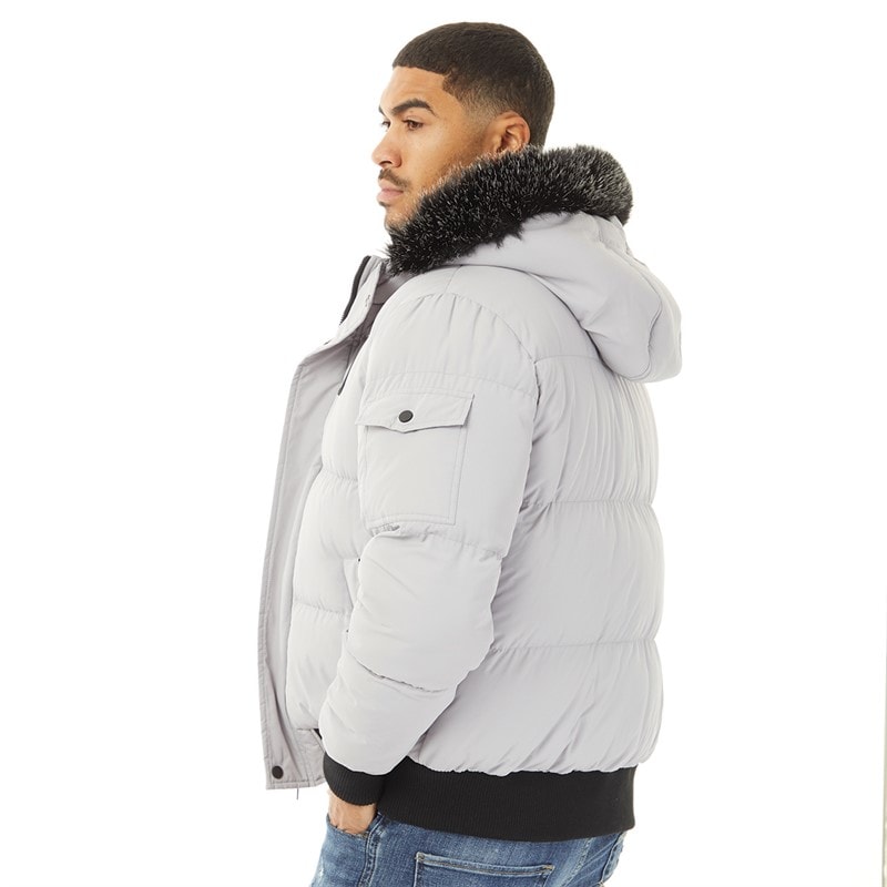 Closure London Mens Fur Hooded Short Puffer Jacket Ice Grey - Image 2