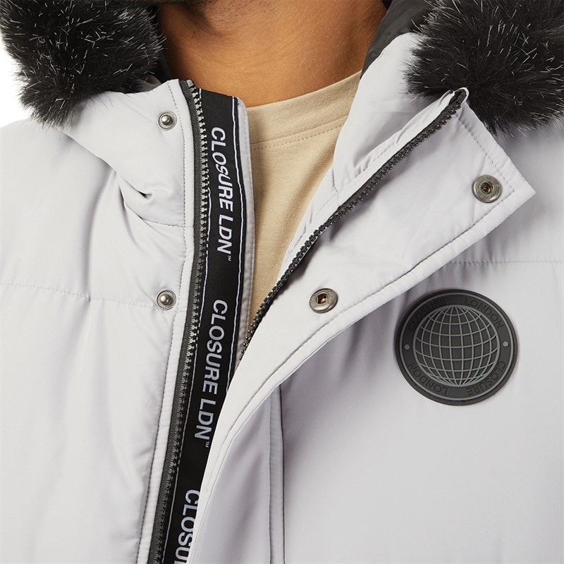 Closure London Mens Fur Hooded Short Puffer Jacket Ice Grey - Image 3