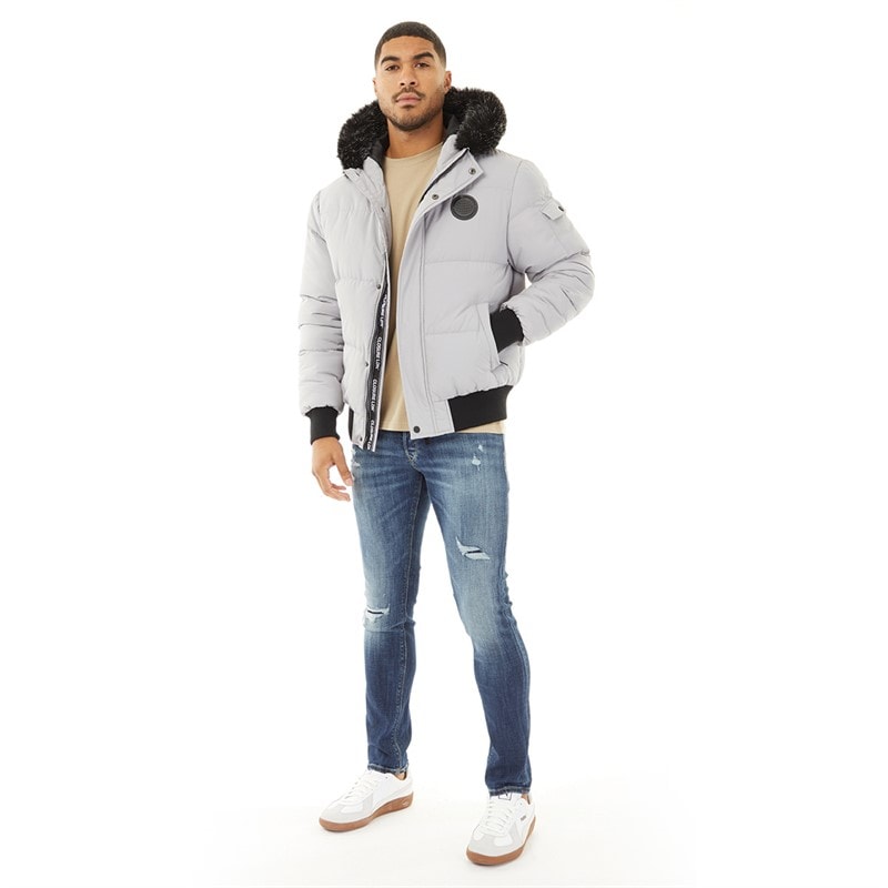 Closure London Mens Fur Hooded Short Puffer Jacket Ice Grey - Image 4