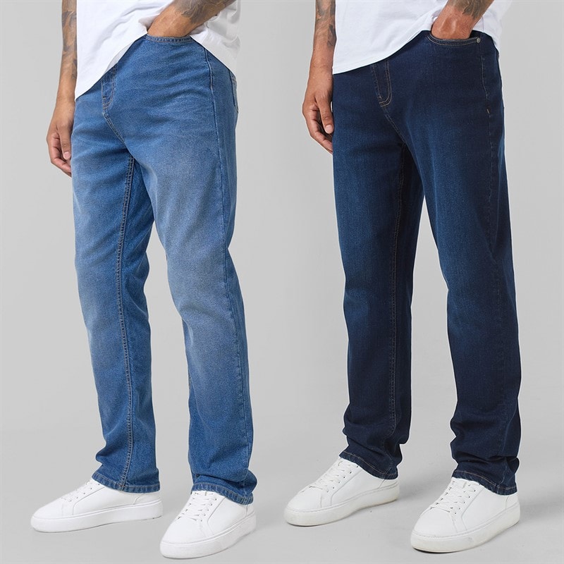 Closure London Mens Two Pack Straight Fit Jeans Dark Blue Wash/Mid Blue Wash