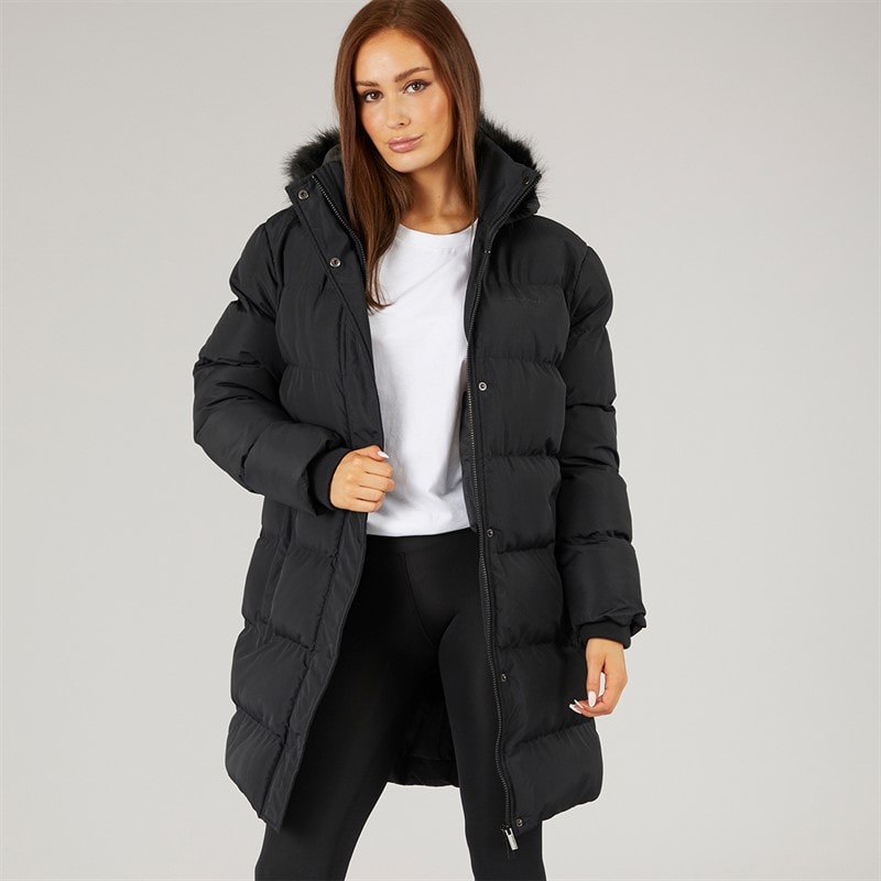 Closure London Womens Longline Faux Fur Parka With Hood Black