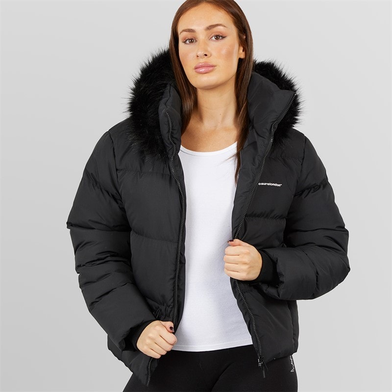 Closure London Womens Adjustable Waist Puffer With Faux Fur Hood Black - Image 1
