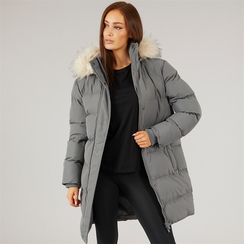 Closure London Womens Longline Faux Fur Parka With Hood Slate Grey