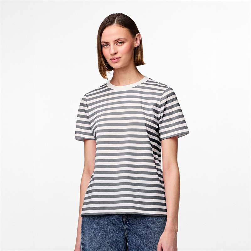 Pieces Womens Ria Striped T-Shirt Ultimate Grey