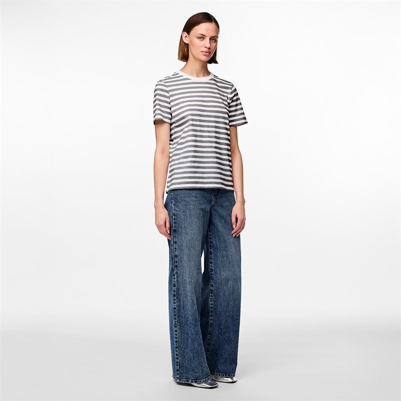 Pieces Womens Ria Striped T-Shirt Ultimate Grey - Image 2