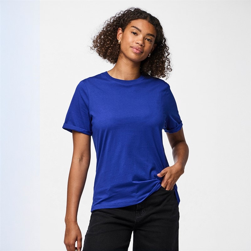 Pieces Womens Ria Fold Up Solid T-Shirt Mazarine Blue - Image 1