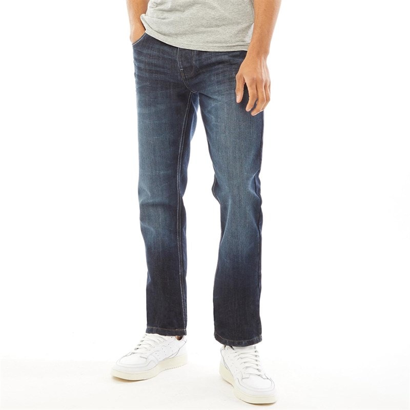 Crosshatch Mens New Embossed Techno Straight Fit Jeans Dark Wash
