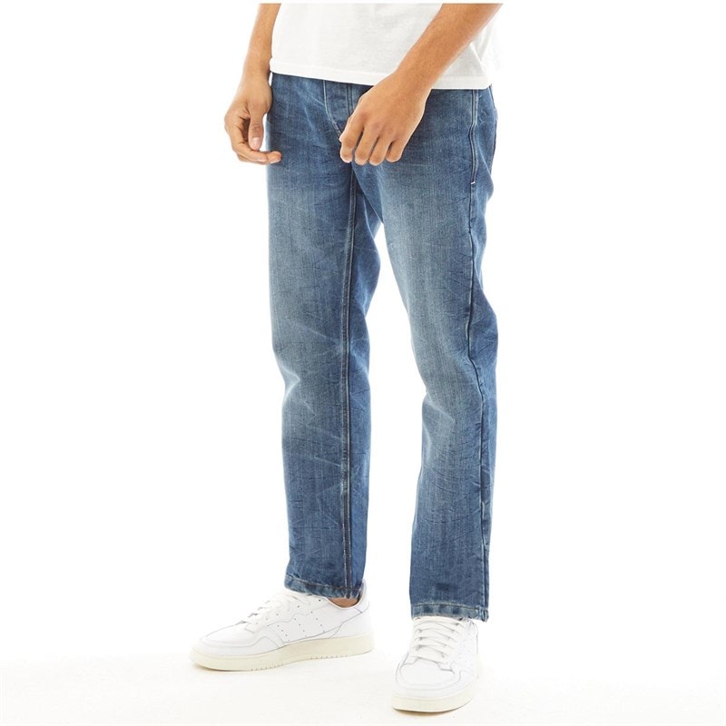 Crosshatch Mens New Embossed Techno Straight Fit Jeans Stone Wash