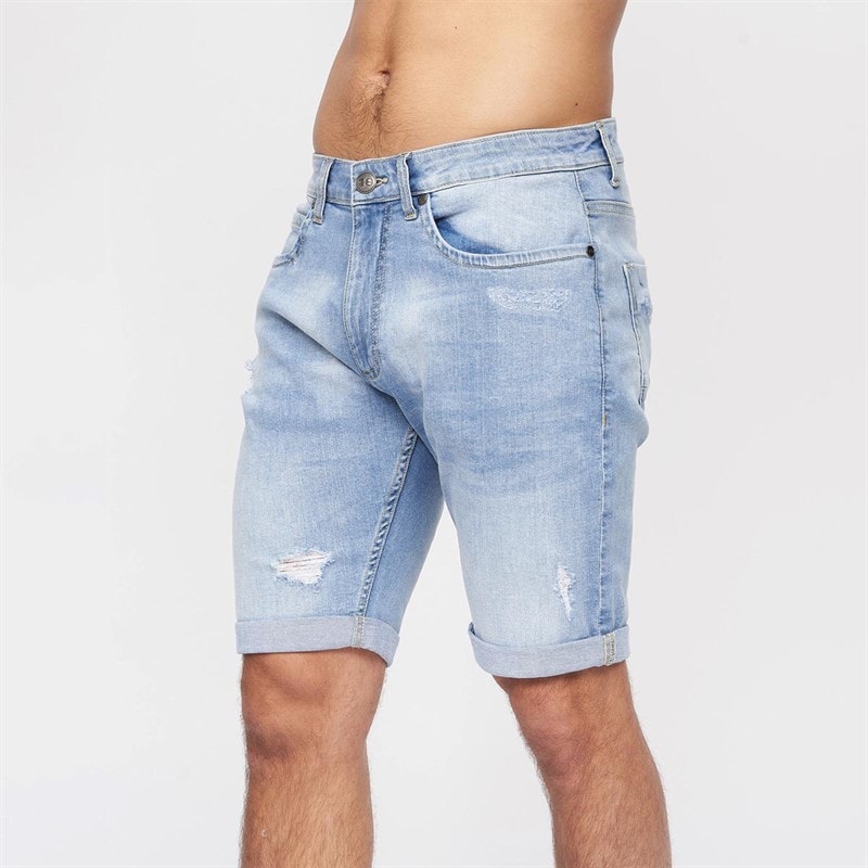 Crosshatch Mens Riptrey Scratch Detail Denim Shorts Lightwash - Image 1
