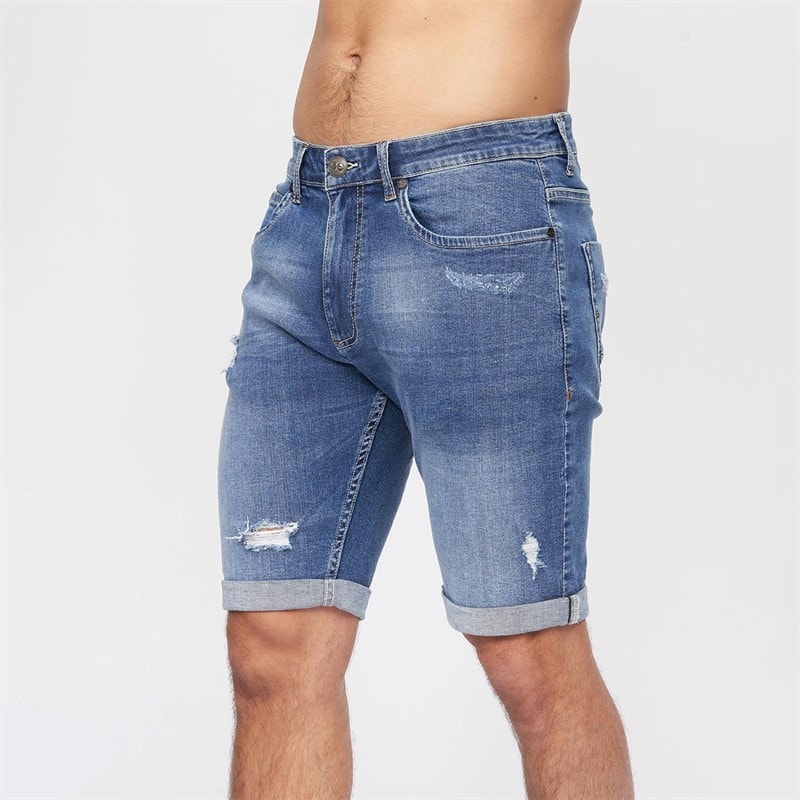 Crosshatch Mens Riptrey Scratch Detail Denim Shorts Mid Wash - Image 1