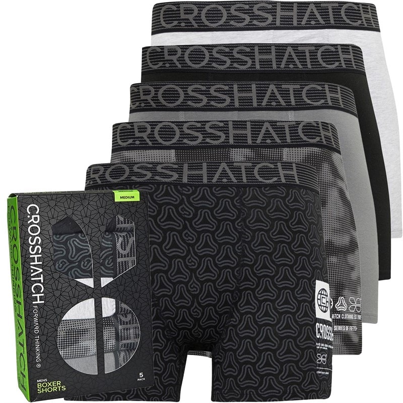 Crosshatch Mens Buzzard Five Pack Boxers Black/Pattern/Grey Marl/Pattern/Dark Grey - Image 1