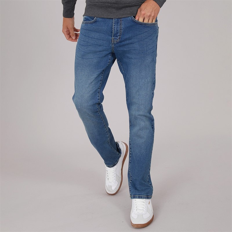 Crosshatch Mens Bandol Straight Fit Jeans Stone Wash