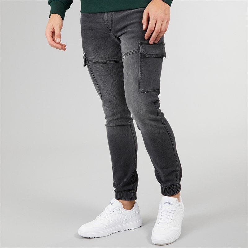 Crosshatch Mens Malimore Denim Cuffed Cargo Trousers Washed Black