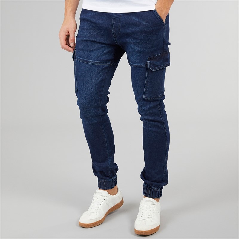 Crosshatch Mens Malimore Denim Cuffed Cargo Trousers Dark Wash