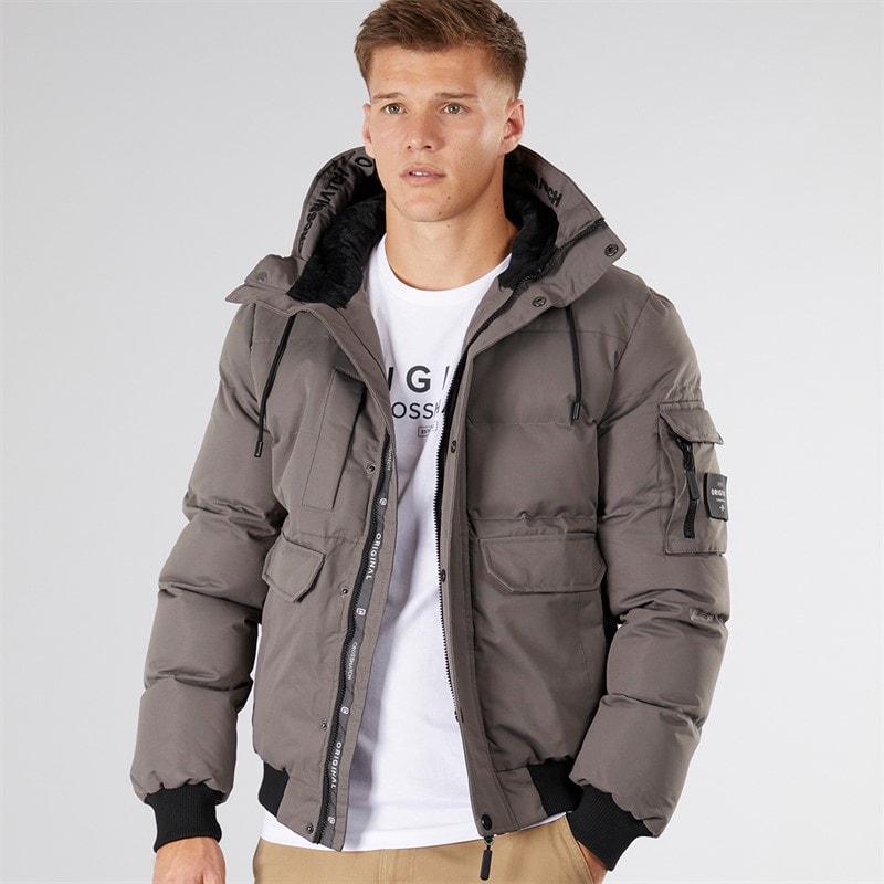 Crosshatch Mens Milwaka Fur Lined Hooded Jacket Charcoal
