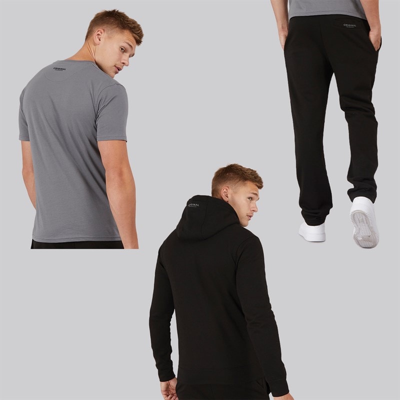 Crosshatch Mens Chemberry Hoodie T-Shirt And Open Hem Joggers Set Black/Charcoal - Image 2