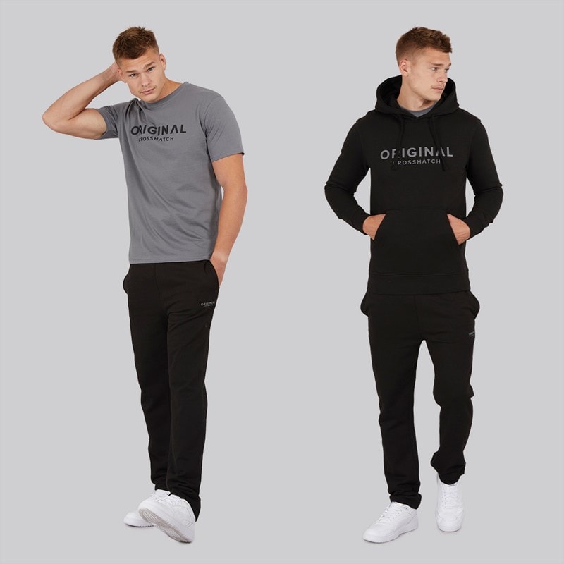 Crosshatch Mens Chemberry Hoodie T-Shirt And Open Hem Joggers Set Black/Charcoal - Image 3