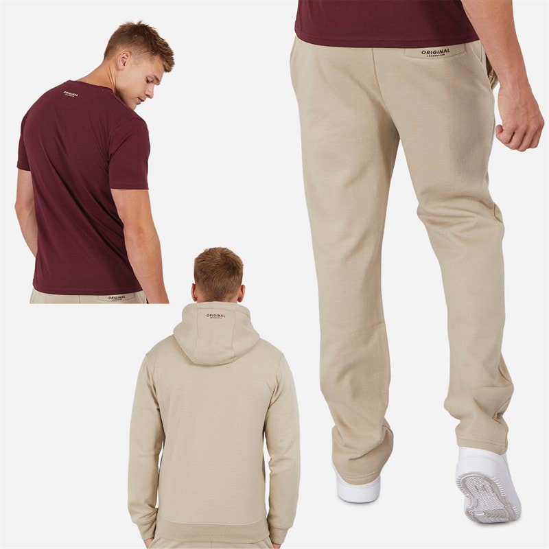Crosshatch Mens Chemberry Hoodie T-Shirt And Open Hem Joggers Set Stone/Burgundy - Image 2