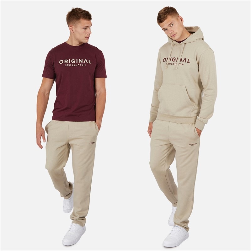 Crosshatch Mens Chemberry Hoodie T-Shirt And Open Hem Joggers Set Stone/Burgundy - Image 3