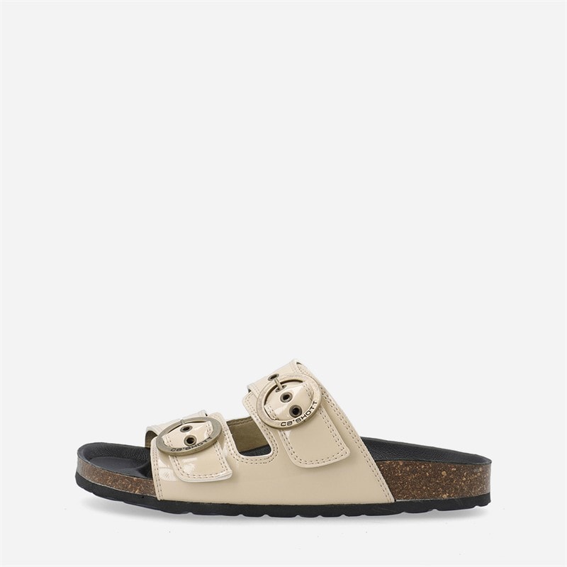 Ca'Shott Womens Cashelle Two Buckle Slide Patent Leather Sandals Beige