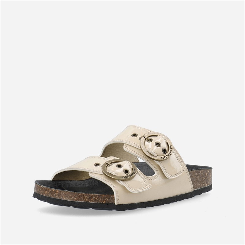 Ca'Shott Womens Cashelle Two Buckle Slide Patent Leather Sandals Beige - Image 4