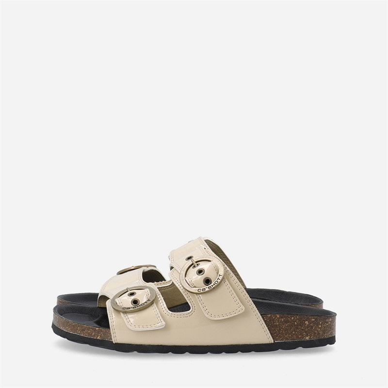 Ca'Shott Womens Cashelle Two Buckle Slide Patent Leather Sandals Beige - Image 5