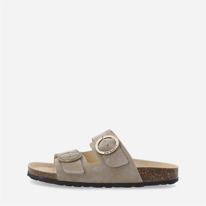 Ca'Shott Womens Cashelle Two Buckle Suede Slide Sandals Taupe - Image 1