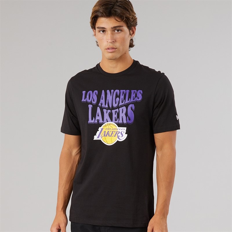 New Era Mens NBA Script Graphic Los Angeles Lakers T-Shirt Black Blk - Image 1