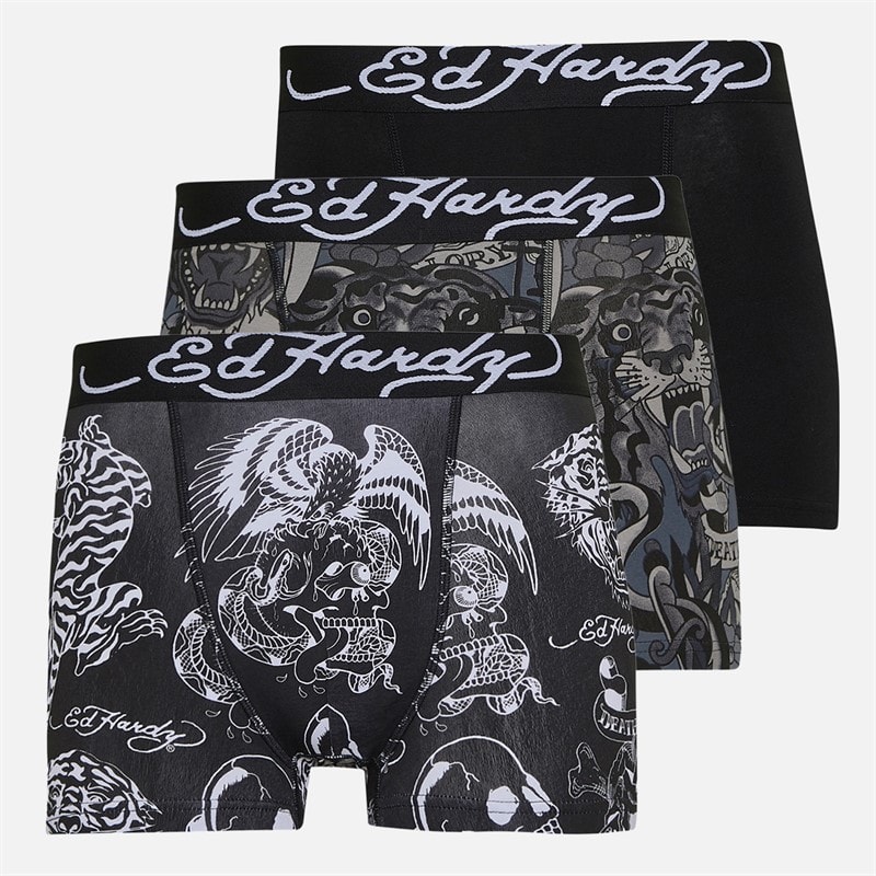 Ed Hardy Mens Greenbrow Three Pack Boxer Shorts Black Black Aop/Black/Black Aop - Image 1