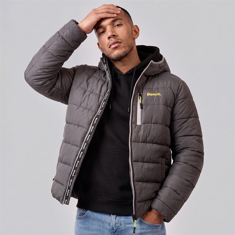 Bench Mens Gaudino Hooded Puffer Jacket Dark Grey