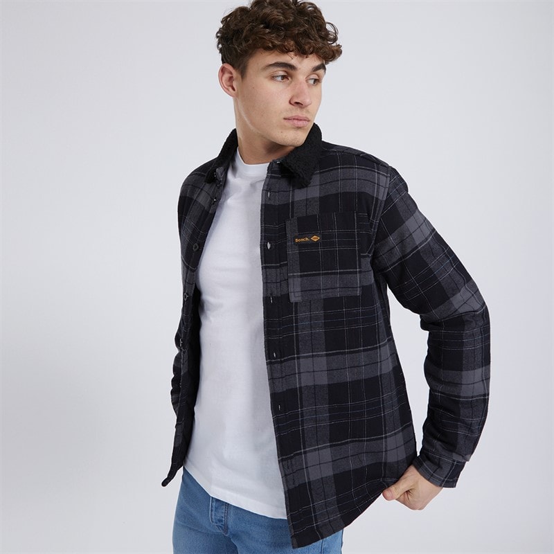 Bench Mens Tavarell Long Sleeve Padded Shirt Black/Dark Grey/Red/Blue Check - Image 1