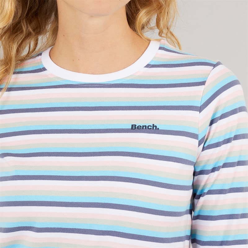 Bench Womens Auborn Long Sleeve T-Shirt White/Light Dusky Pink/Green/Blue/Navy Stripe - Image 3