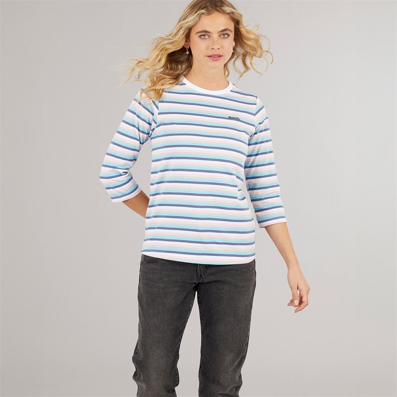 Bench Womens Auborn Long Sleeve T-Shirt White/Light Dusky Pink/Green/Blue/Navy Stripe - Image 5