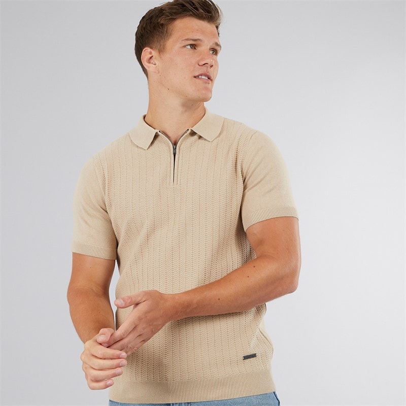 Bench Mens Brescia Knitted Polo Shirt Stone - Image 1