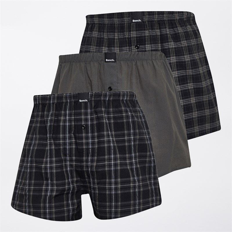Bench Mens Trylian Three Pack Woven Boxer Shorts Black Check/Dark Grey/Black Check - Image 1