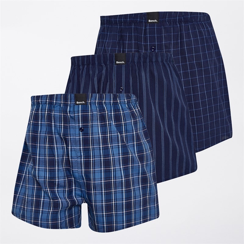 Bench Mens Eiden Three Pack Woven Boxer Shorts Navy Stripe/Navy Denim Check/Navy Grid - Image 1