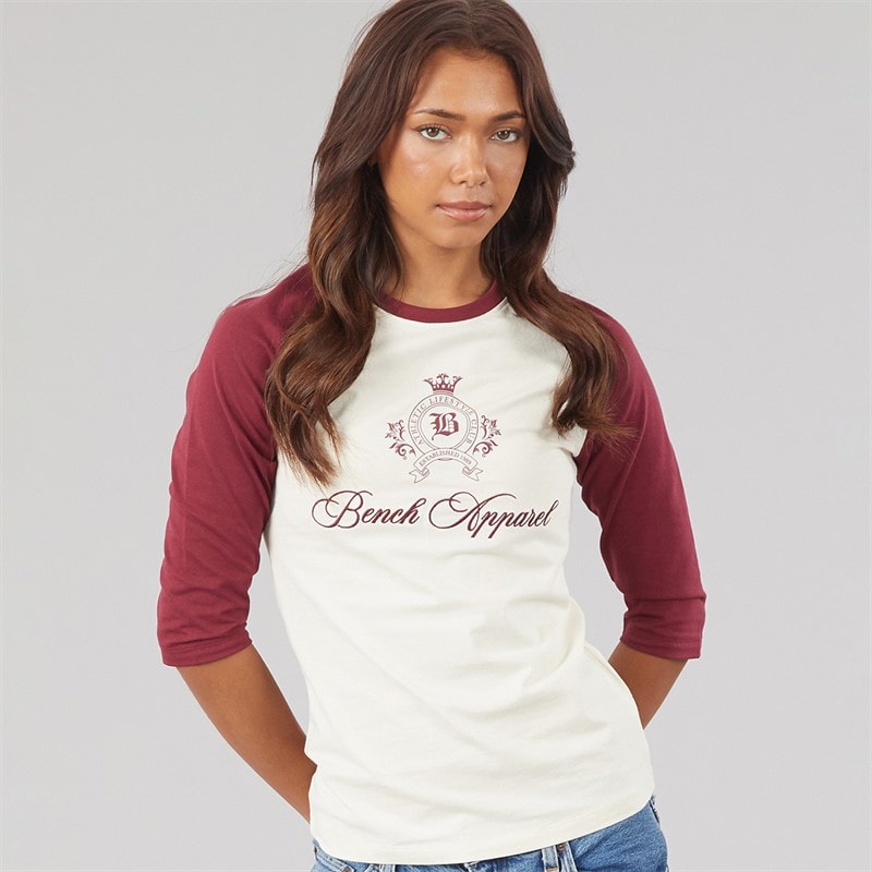 Bench Womens Diah 3/4 Sleeve T-Shirt With Crest Graphic Winter White/Cordovan - Image 1