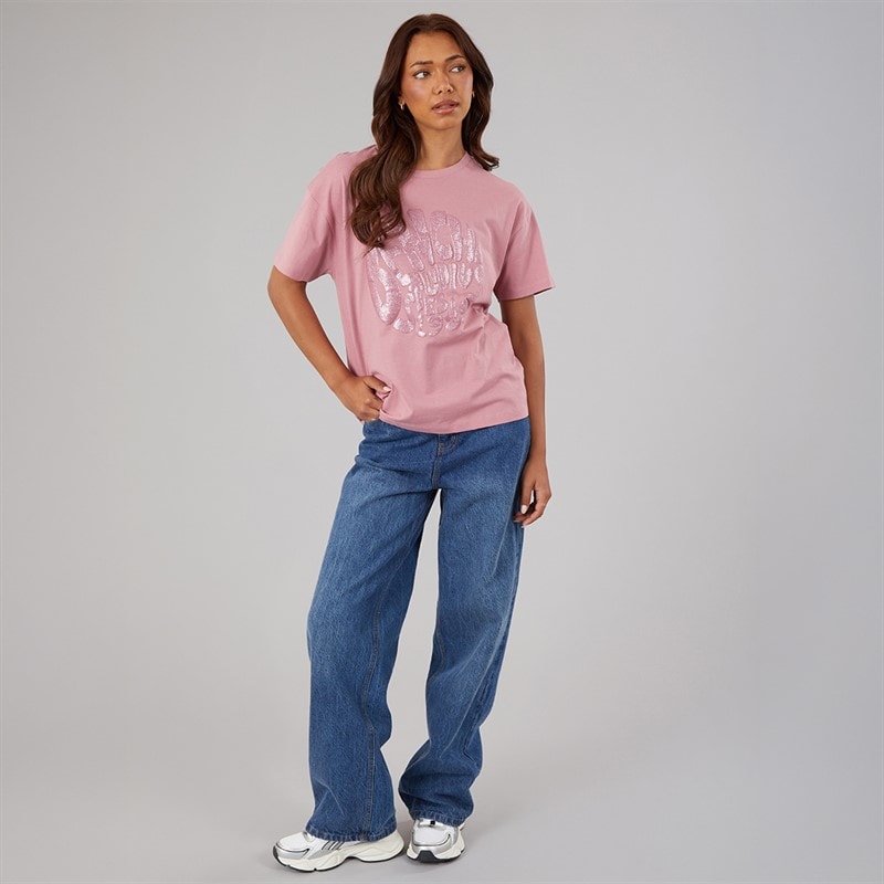 Bench Womens Jana Boxy T-Shirt With Glitter Graphic Nostalgic Pink - Image 3