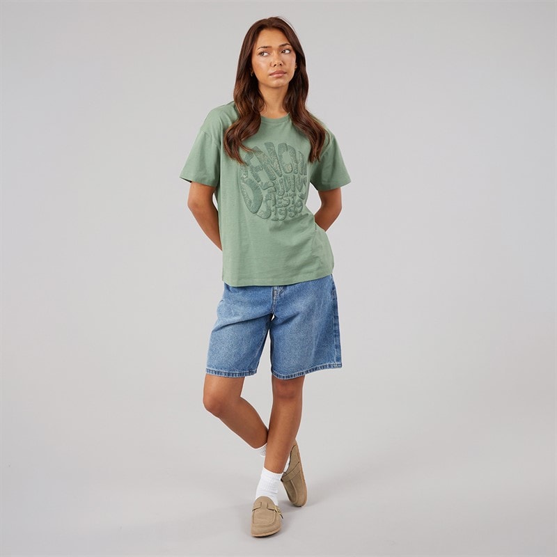 Bench Womens Jana Boxy T-Shirt With Glitter Graphic Sage Green - Image 3