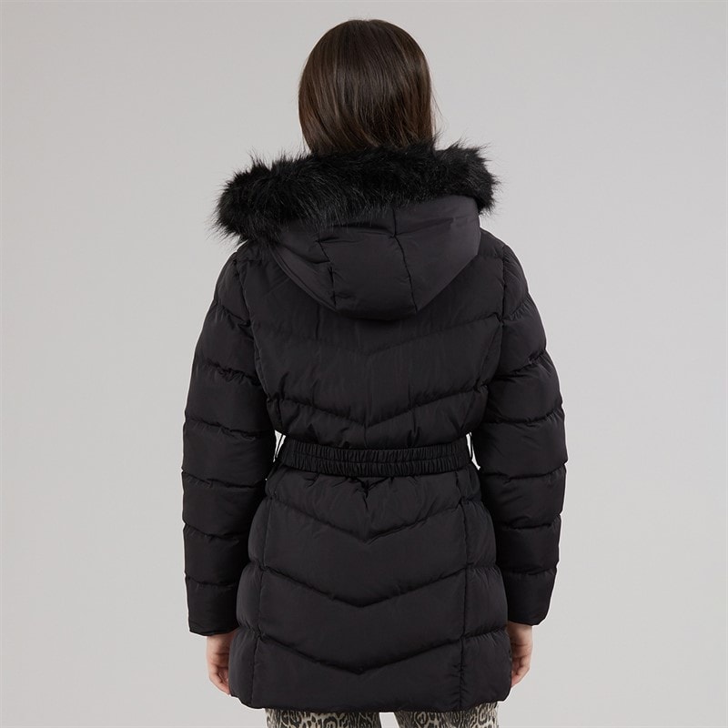 Board Angels Girls Belted Jacket With Faux Fur Hood Black - Image 2