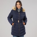 Board Angels Womens Belted Jacket With Faux Fur Trim Hood Navy