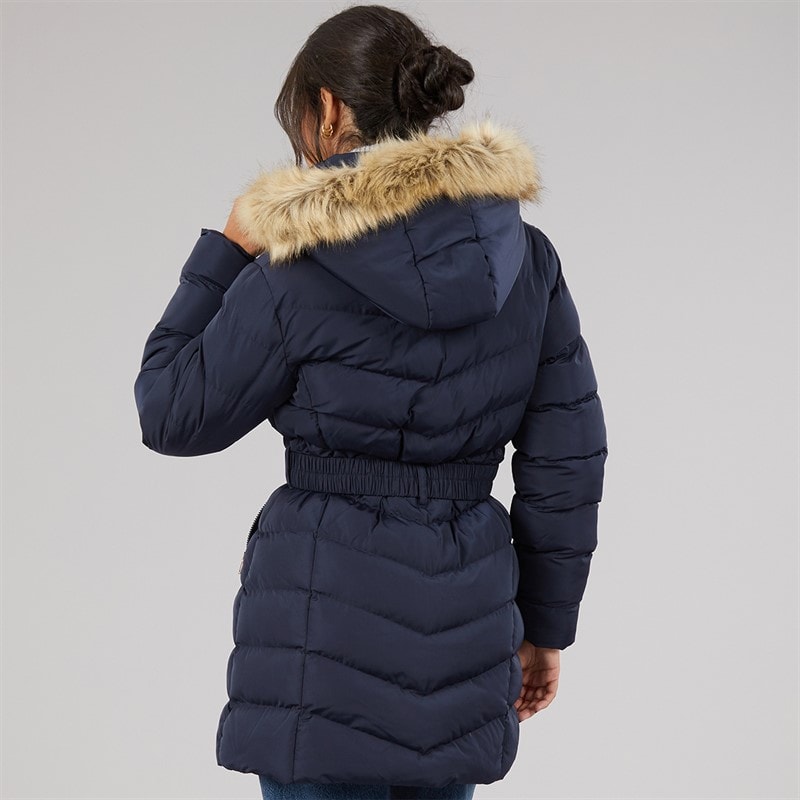 Board Angels Womens Belted Jacket With Faux Fur Trim Hood Navy - Image 2