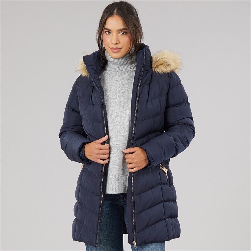 Board Angels Womens Belted Jacket With Faux Fur Trim Hood Navy - Image 3