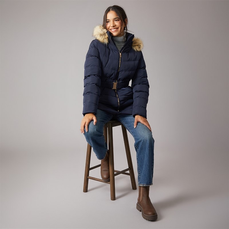 Board Angels Womens Belted Jacket With Faux Fur Trim Hood Navy - Image 4