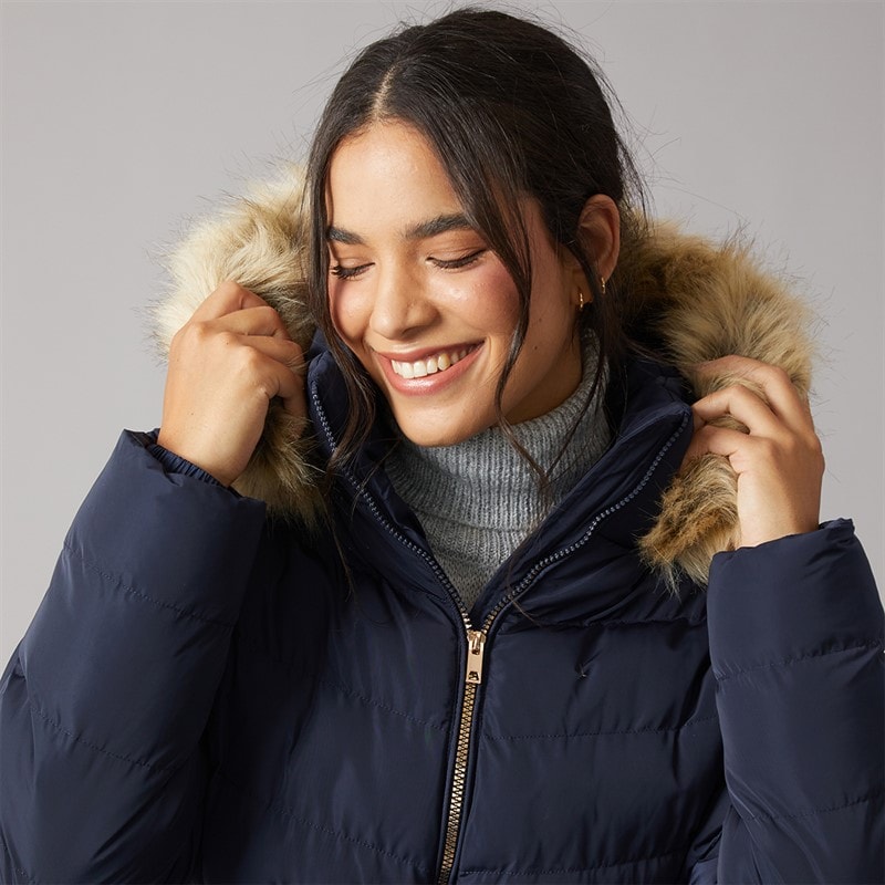 Board Angels Womens Belted Jacket With Faux Fur Trim Hood Navy - Image 5