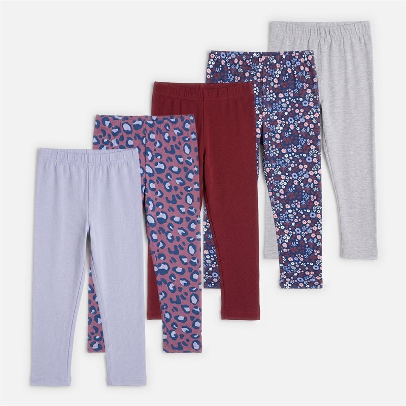 Board Angels Girls Five Pack Plain/Print Leggings Multi - Image 1